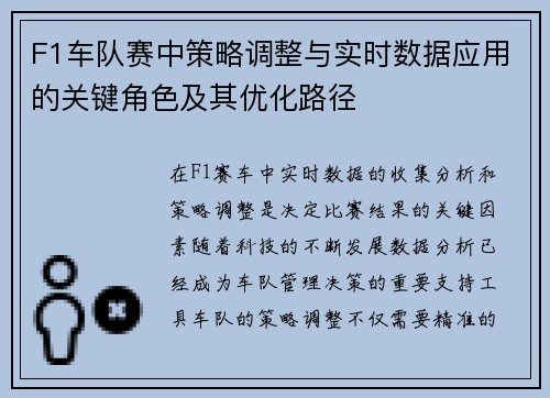 F1车队赛中策略调整与实时数据应用的关键角色及其优化路径