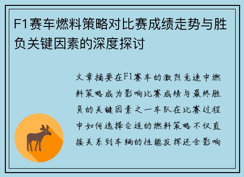 F1赛车燃料策略对比赛成绩走势与胜负关键因素的深度探讨