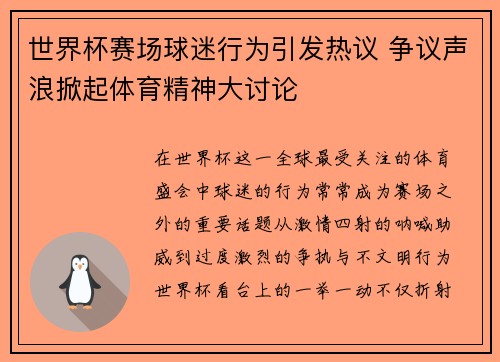 世界杯赛场球迷行为引发热议 争议声浪掀起体育精神大讨论